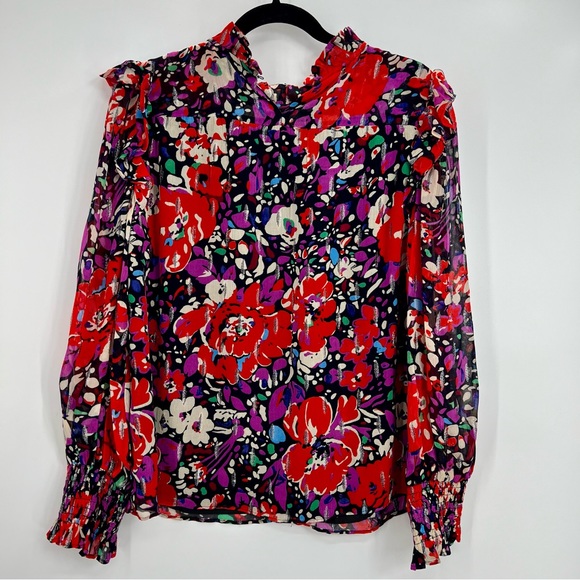 J.Crew Smocked Popover Top Lurex Dot Floral Blouse Top Ruffle Metallic S - Picture 10 of 11